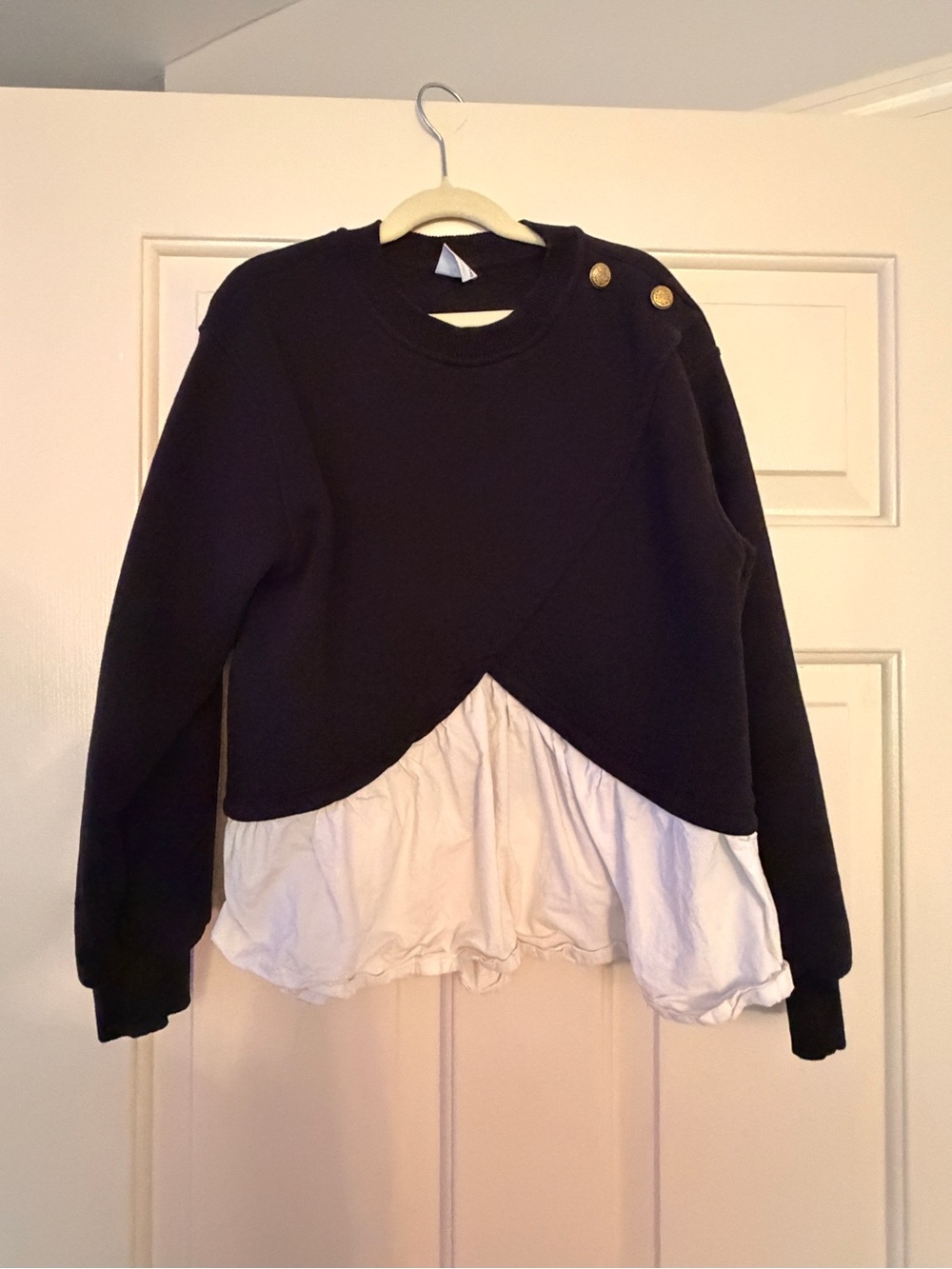Zara Girls Black Sweater with White Peplum Hem and Gold Buttons